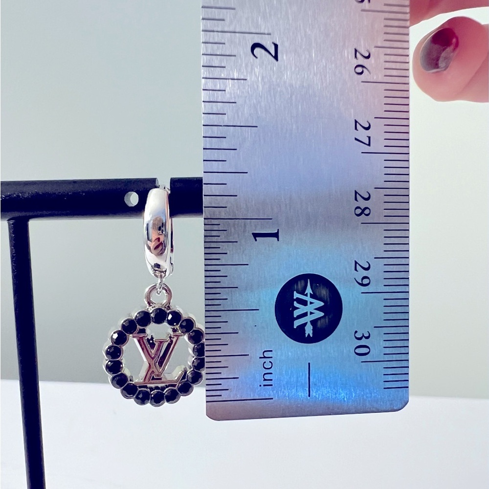 Silver and Black Crystal Dangle Charm Hoop Earrings - Picture 6 of 7